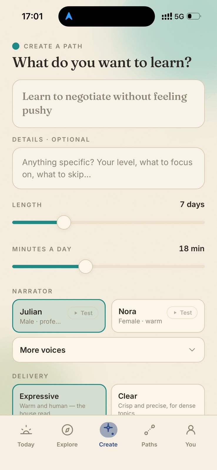 Catalyst Create screen with a question, learning level, path length and listening time.